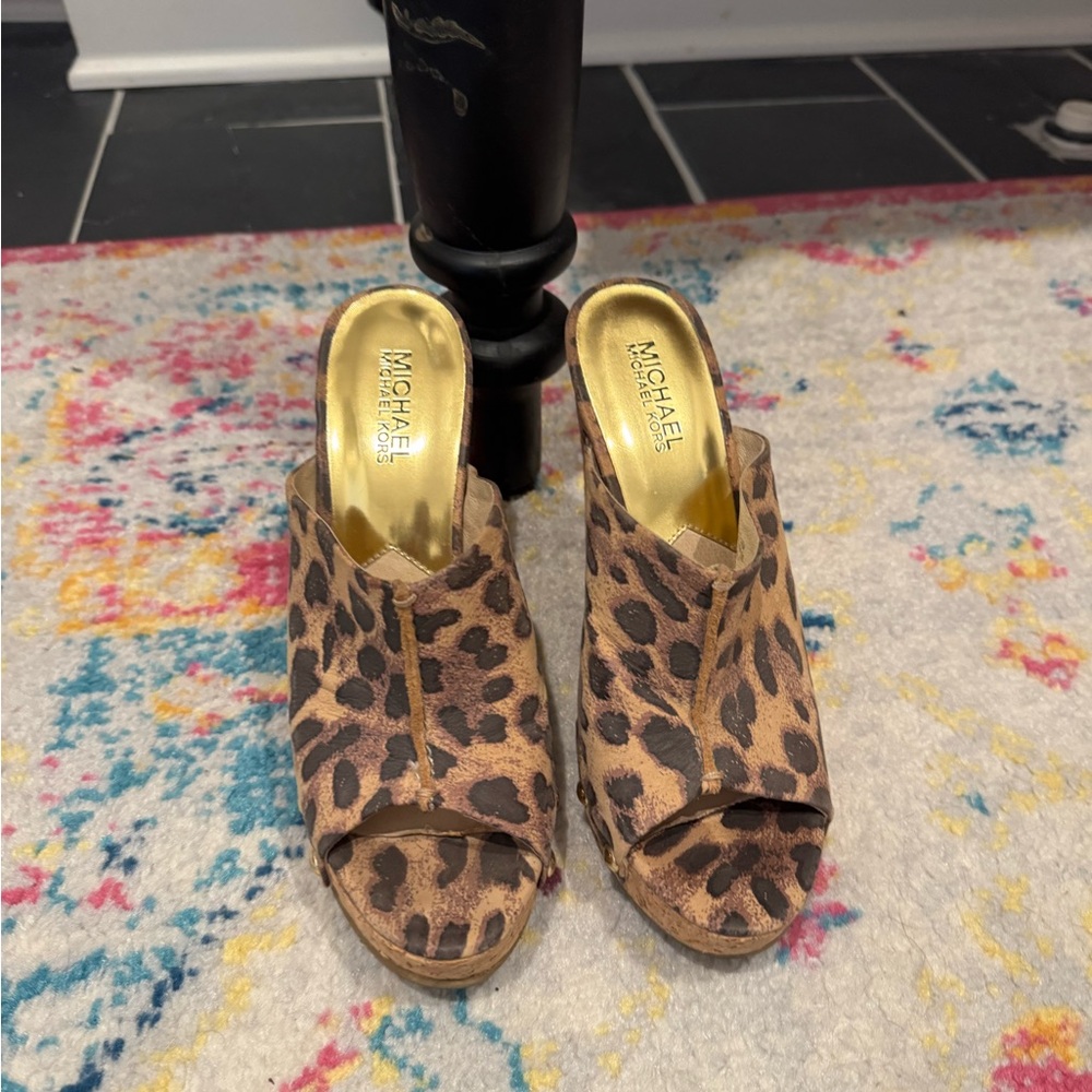 MICHAEL Michael Kors Leopard Print Cork Wedge Mules - Brown - Picture 2 of 4